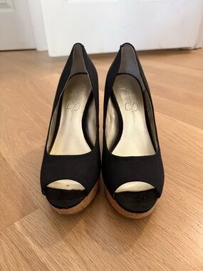 Jessica Simpson Black Peep-Toe Cork Platform Wedges